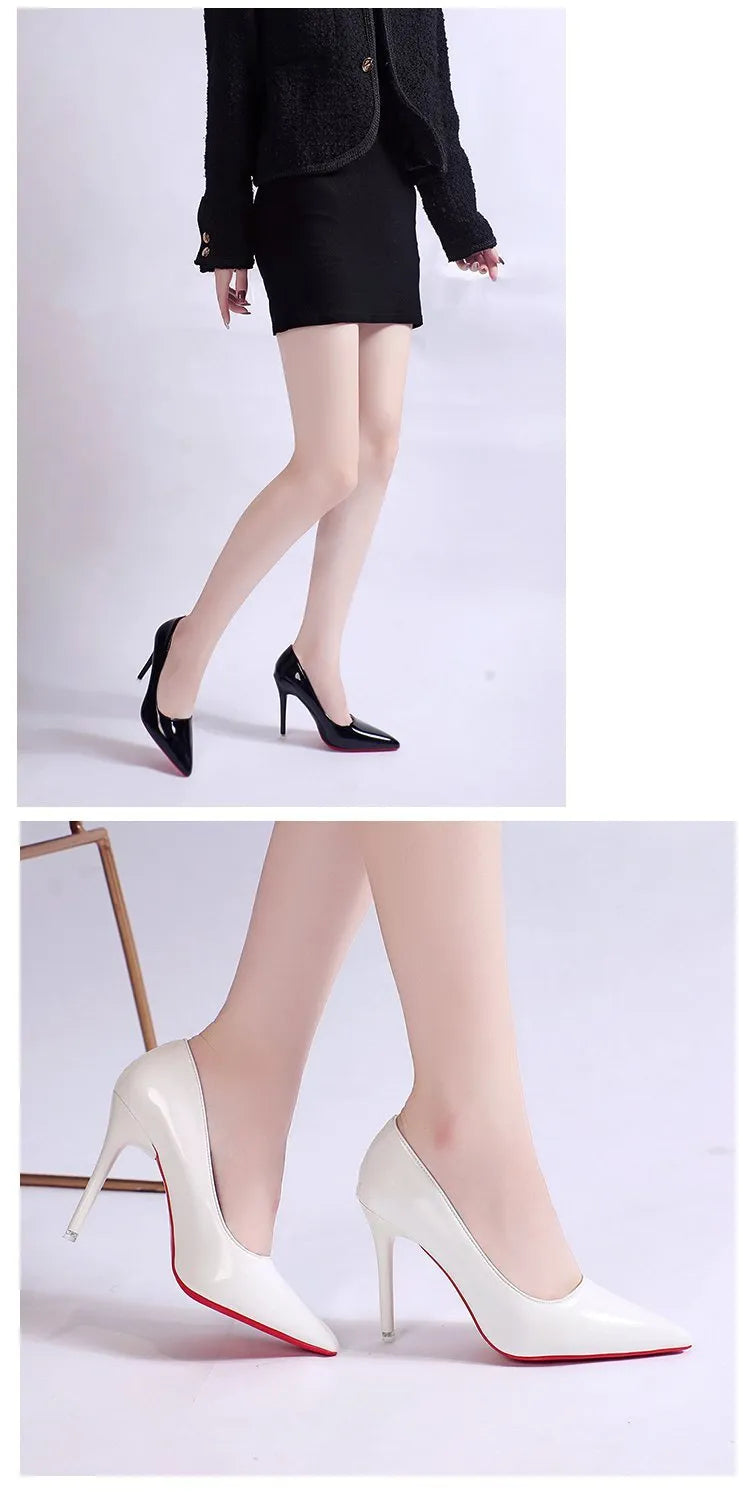 Women's pointed toe stiletto heel pumps in black with shallow mouth opening