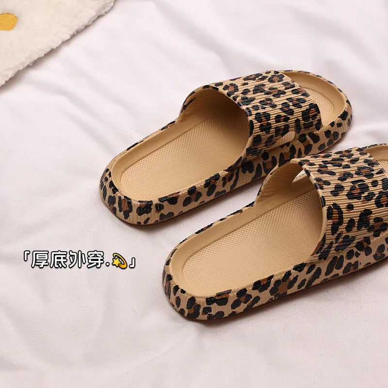 Women's leopard print EVA slippers with a thick sole, shown in multiple colour options.