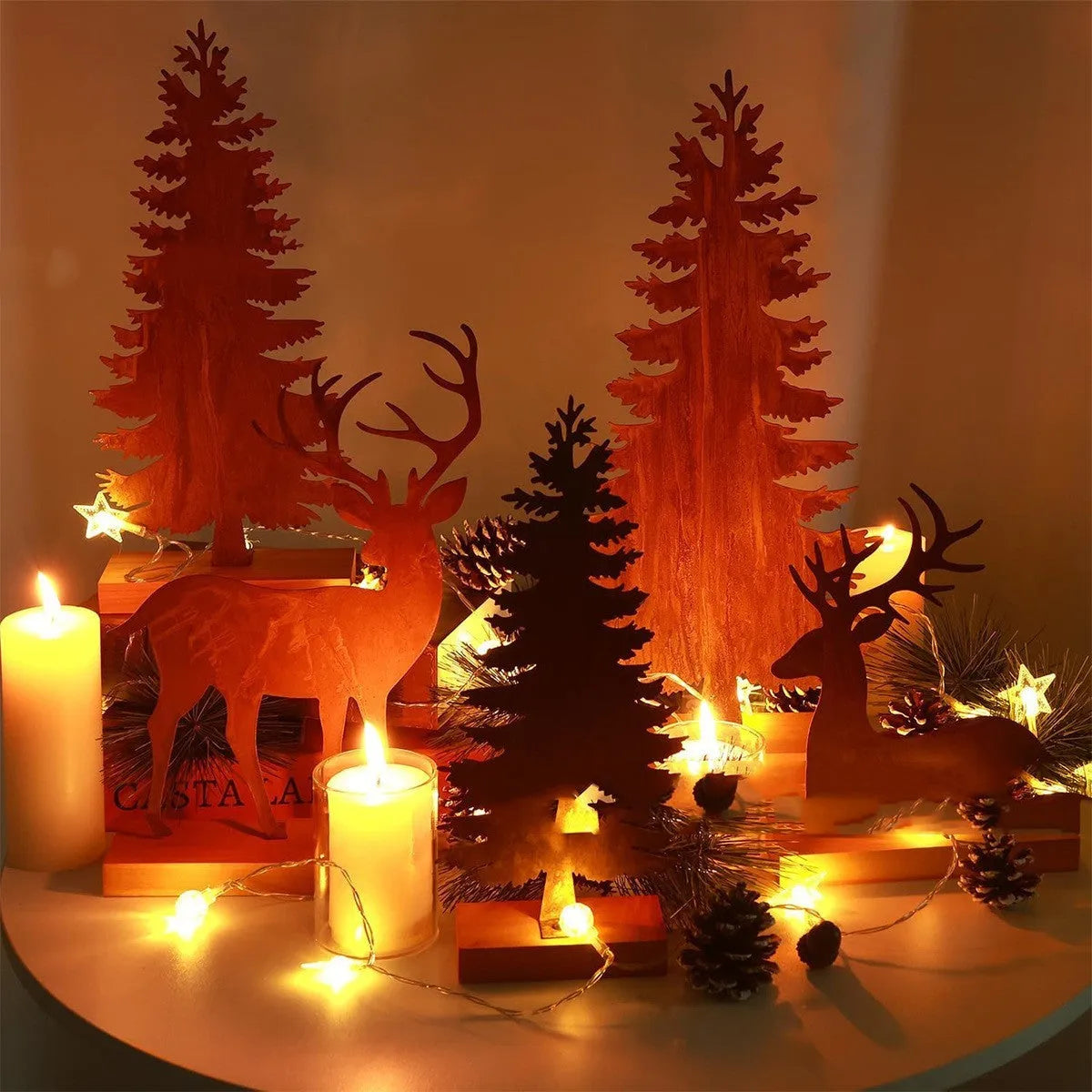 Set of three metal rusty Christmas tree elk decorations in American style for holiday display