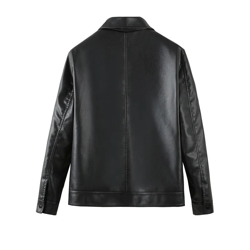 Men's black PU leather casual jacket with zipper pockets and loose fit design