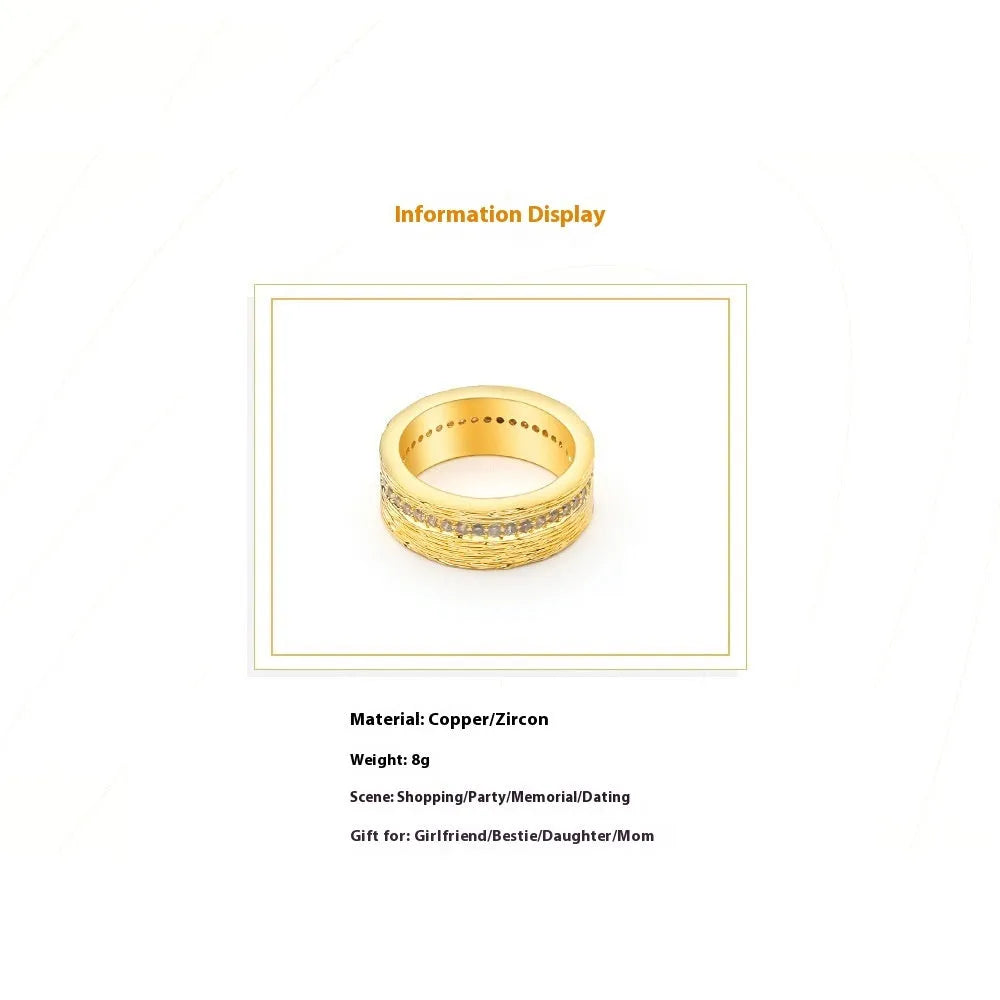 Gold geometric women's ring with zircon accents on a copper base, shown in UK sizes 6, 7, and 8.