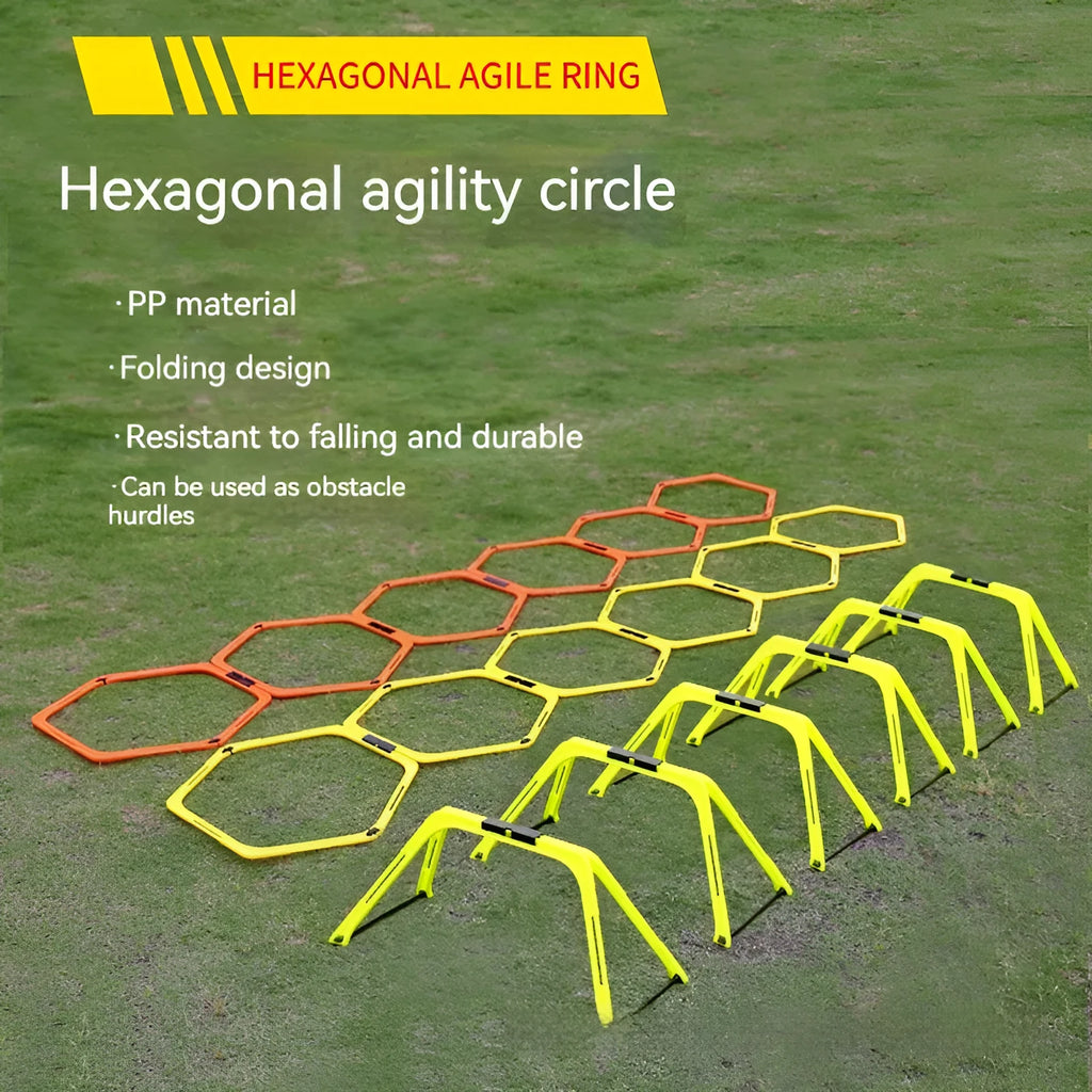 Set of six brightly coloured foldable hexagon football agility training rings on grass