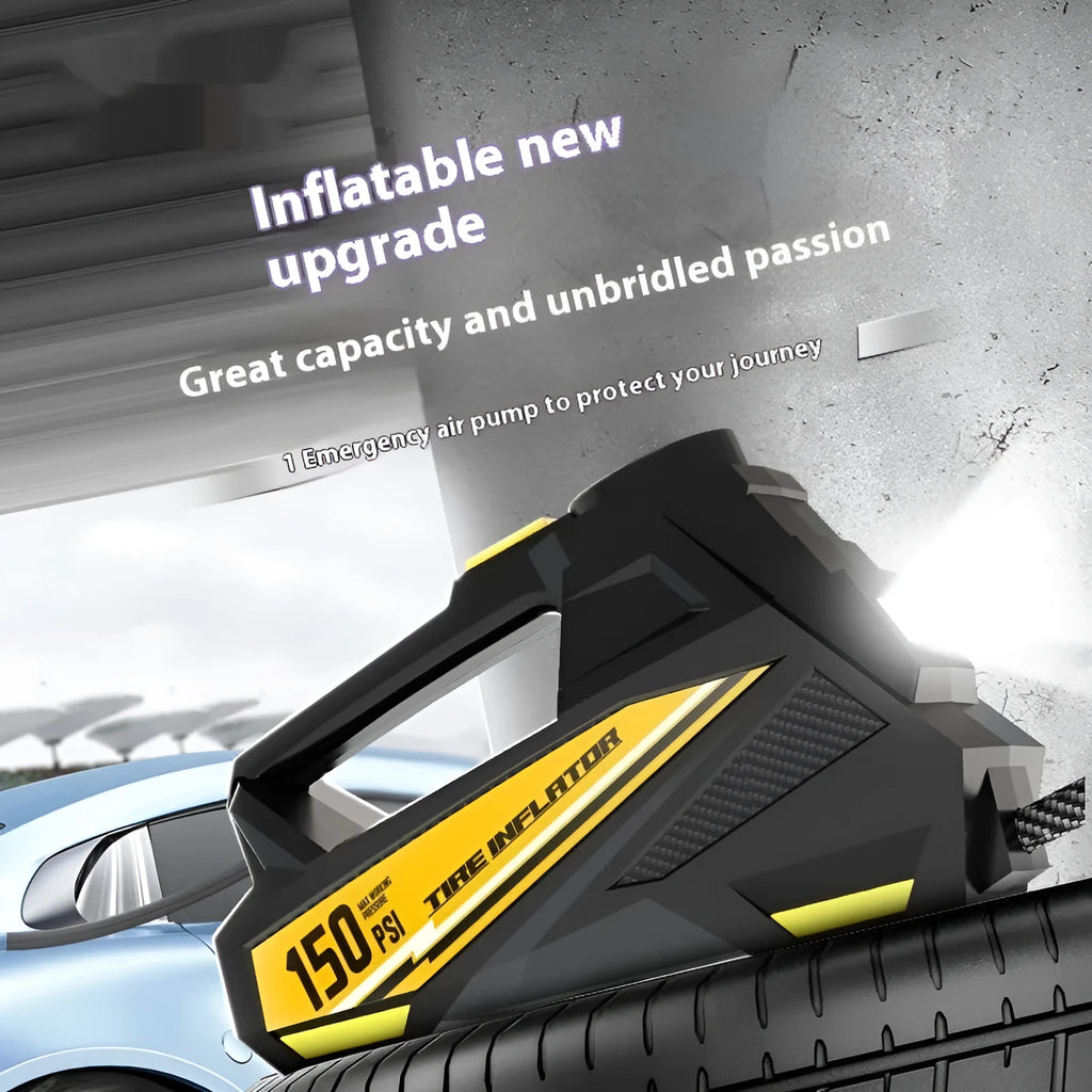 Black vehicle-mounted electric tyre inflator with digital display and light.