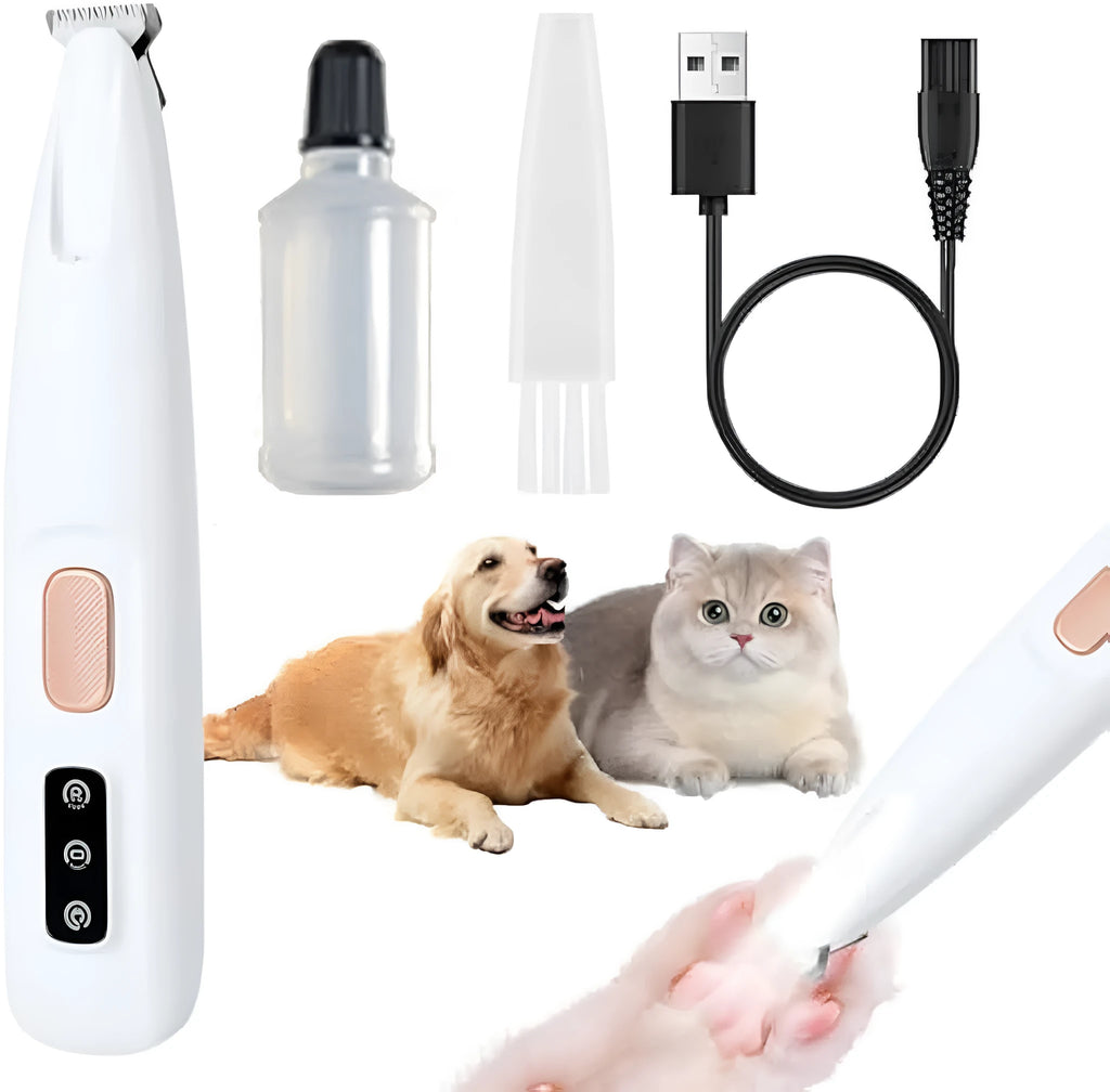 White rechargeable electric dog paw trimmer with LED light on a white background.