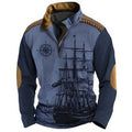 Men's retro colour stripe print golf top with zipper decorations, loose fit long sleeve polyester T-shirt