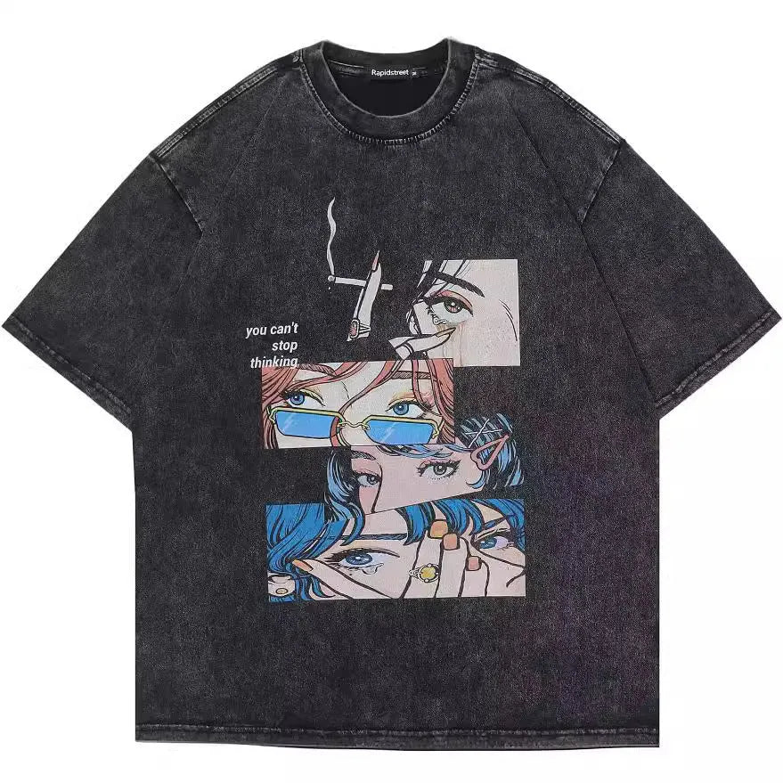 Men's washed black cotton t-shirt with cartoon pattern print in loose street style