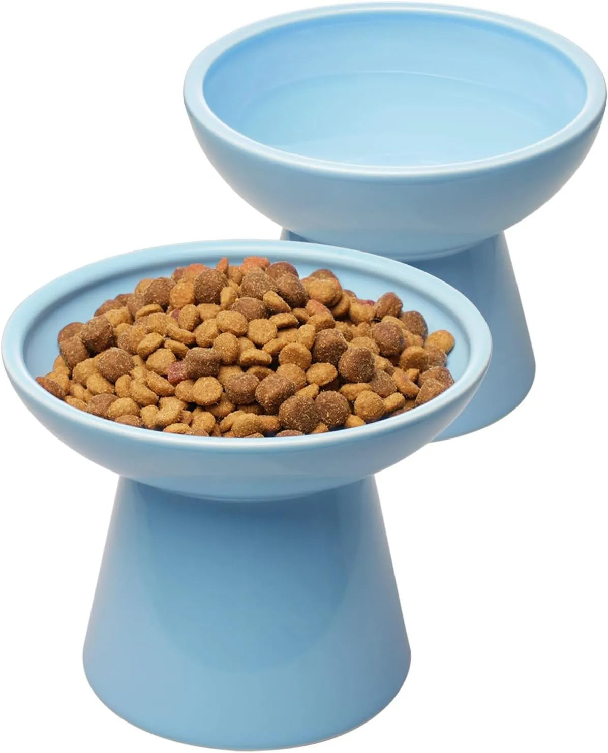 Elevated ceramic cat bowl set with wide shallow dish in blue green pink white colour options