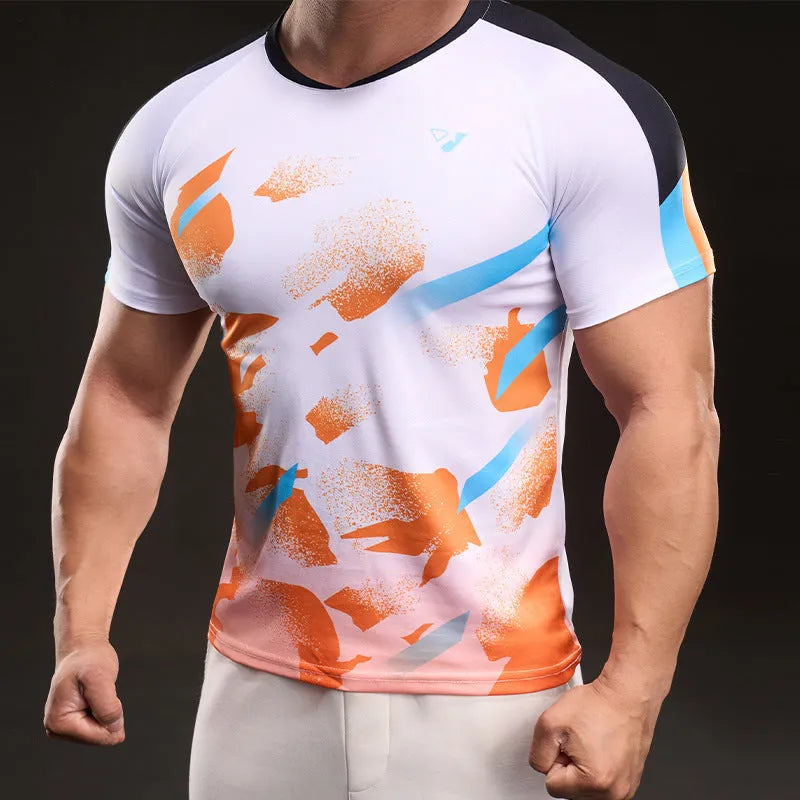 Men's blue quick-drying polyester fibre short sleeve running T-shirt on white background