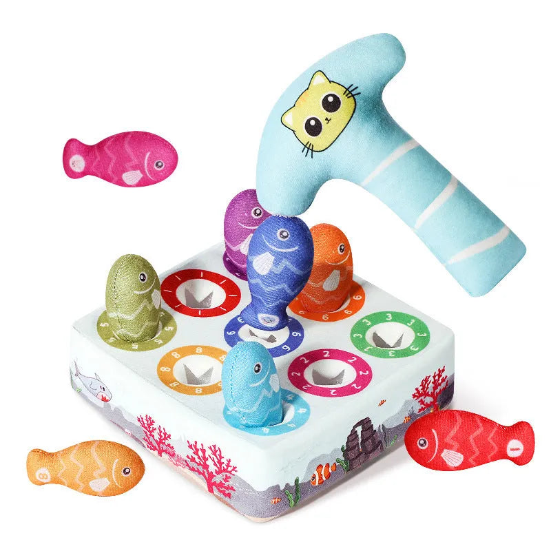 Sky blue plush simulated fish cat toy with realistic animal pattern on a neutral background.