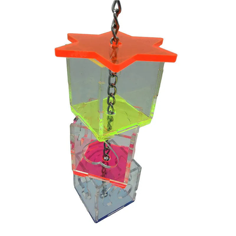 Clear acrylic parrot foraging toy, a long hollow tube for hiding bird food.