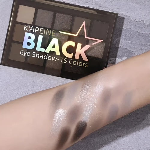 15-colour matte and shimmer eye shadow palette with grey, black and brown tones for smoky makeup