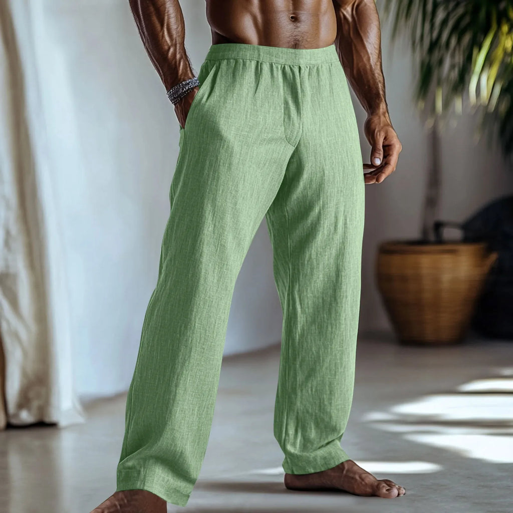 Cotton and linen straight-leg casual trousers with front pockets in light green colour