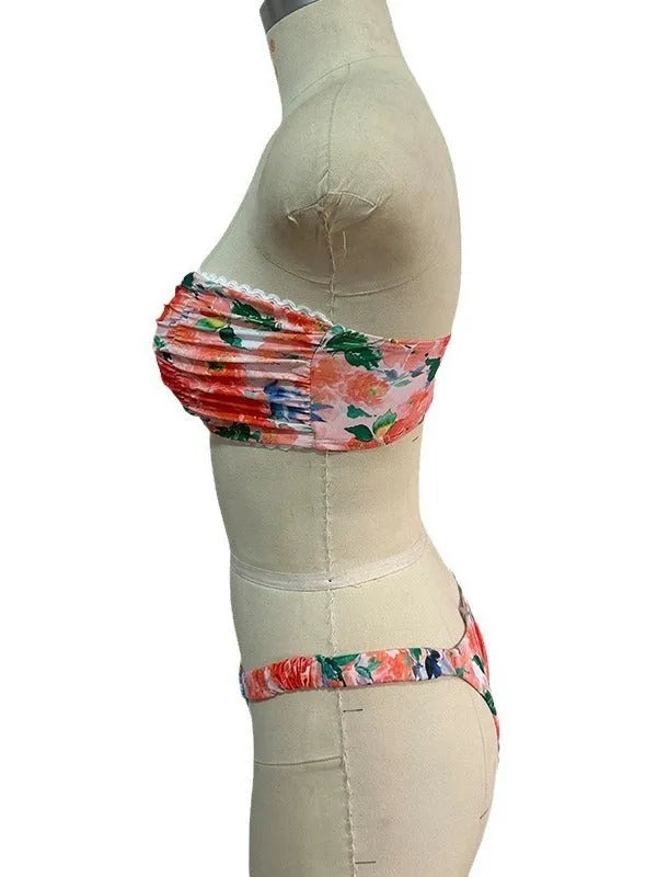 European style floral printed swimwear bikini set with tube top and briefs in blue colour option