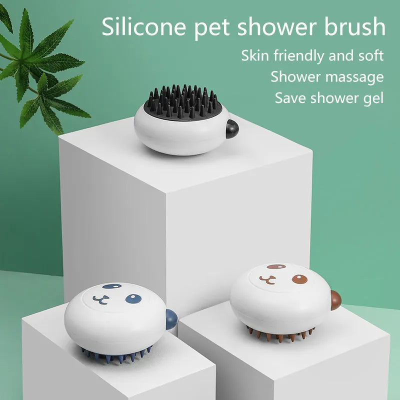 Panda-shaped silicone pet shower brush for dogs and cats in assorted colours.