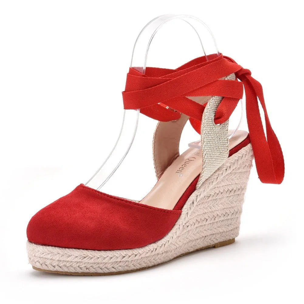 Women's apricot Bohemian wedge sandals with beaded tassels, buckle strap, and a 10.5cm wedge heel.