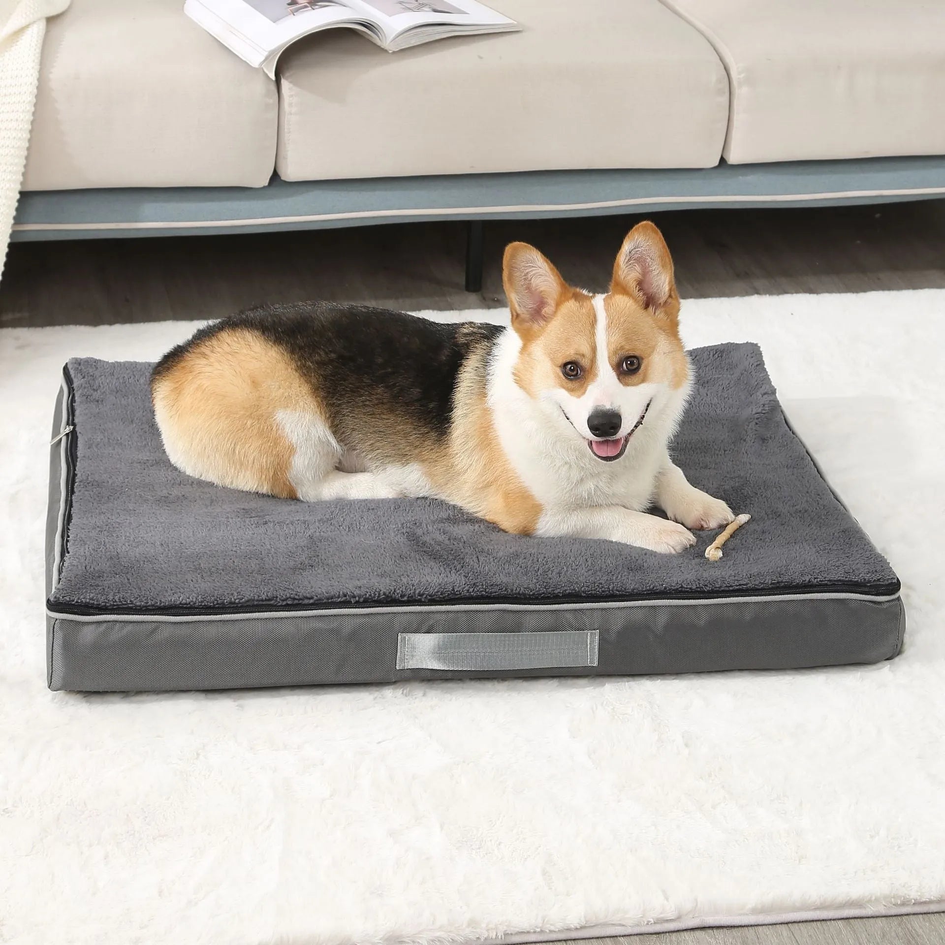 Removable cover memory foam dog mat in brown, shown in a 100x75cm size.