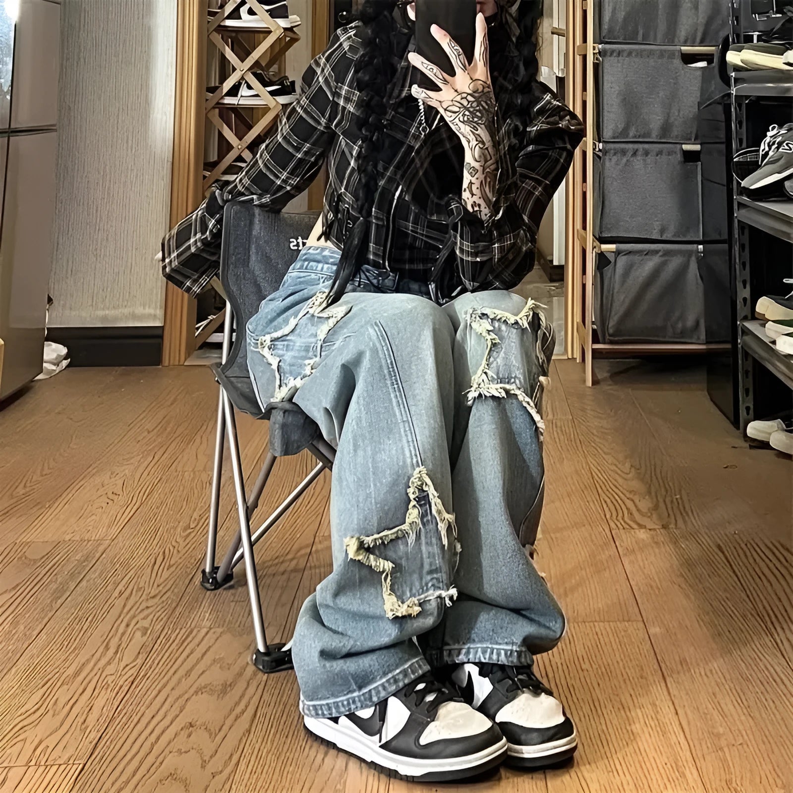 Blue cotton denim wide-leg pants with high waist and straight cut design