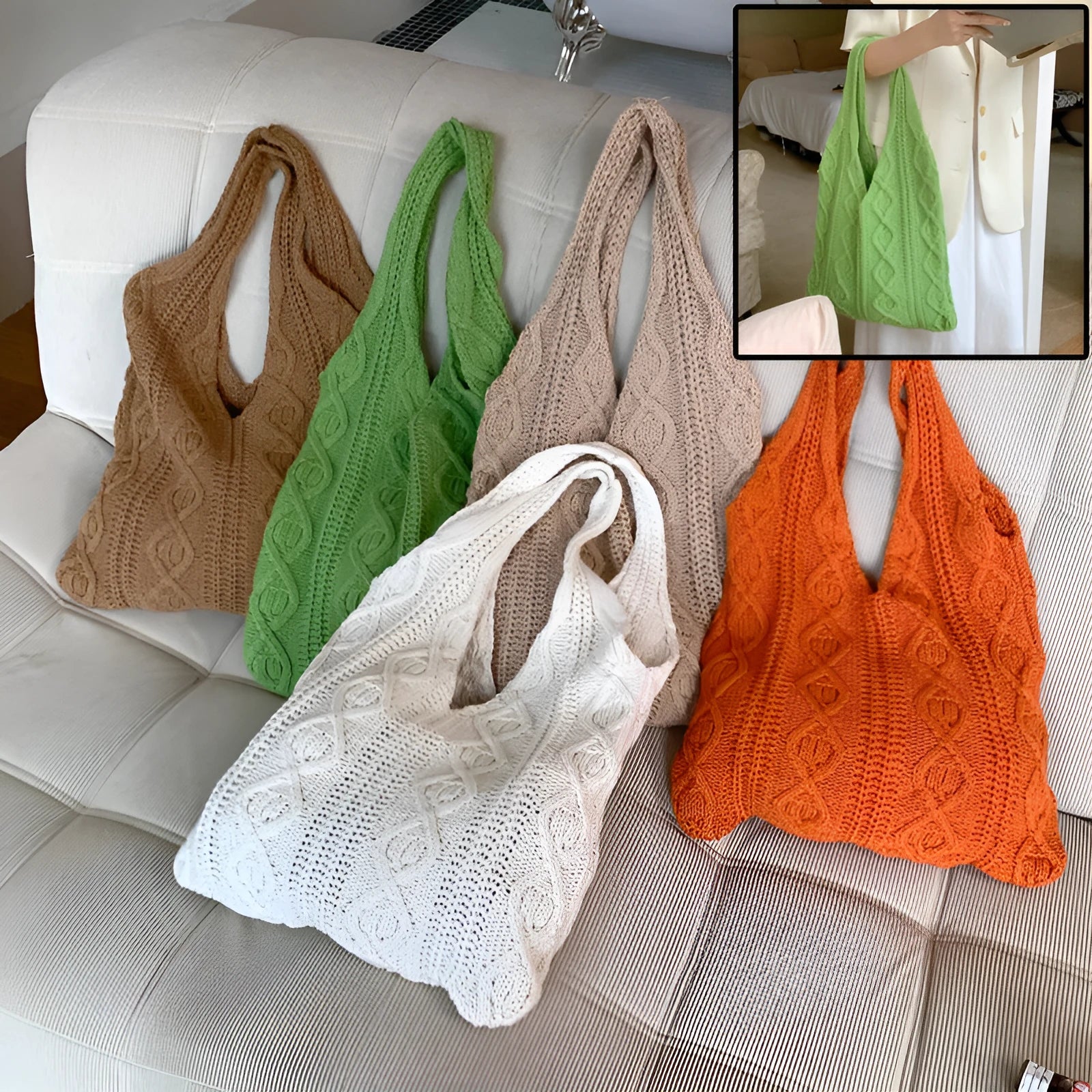 Large retro hollow knitted woolen tote bag with double shoulder straps in a solid colour.
