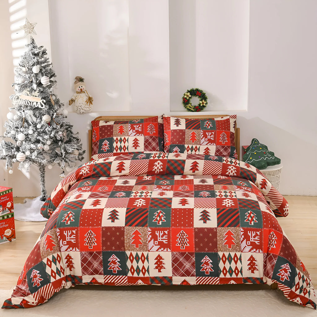 Christmas red plaid three piece bedding set with duvet cover and pillowcases featuring reactive printed European style pattern