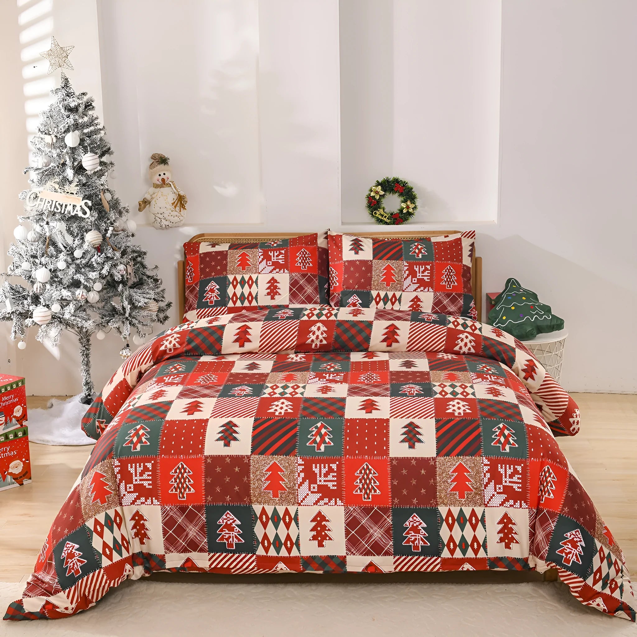 Christmas red plaid three piece bedding set with duvet cover and pillowcases featuring reactive printed European style pattern