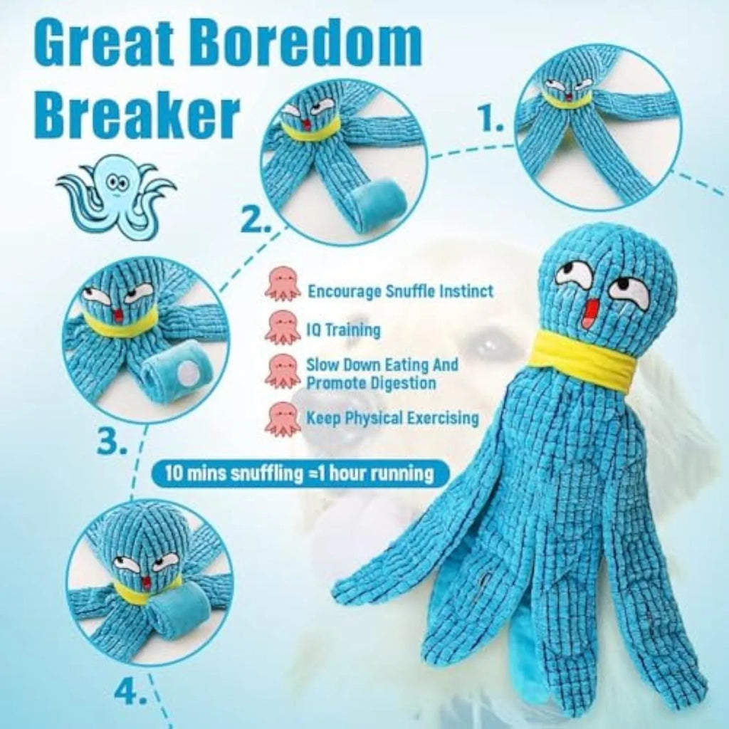 Plush octopus squeaky dog toy with crinkle fabric in blue colour for small dogs
