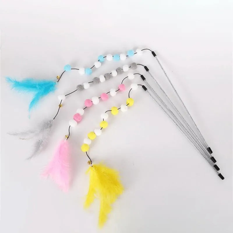 31cm long cat teaser rod with colourful pompon feathers and bell attachment