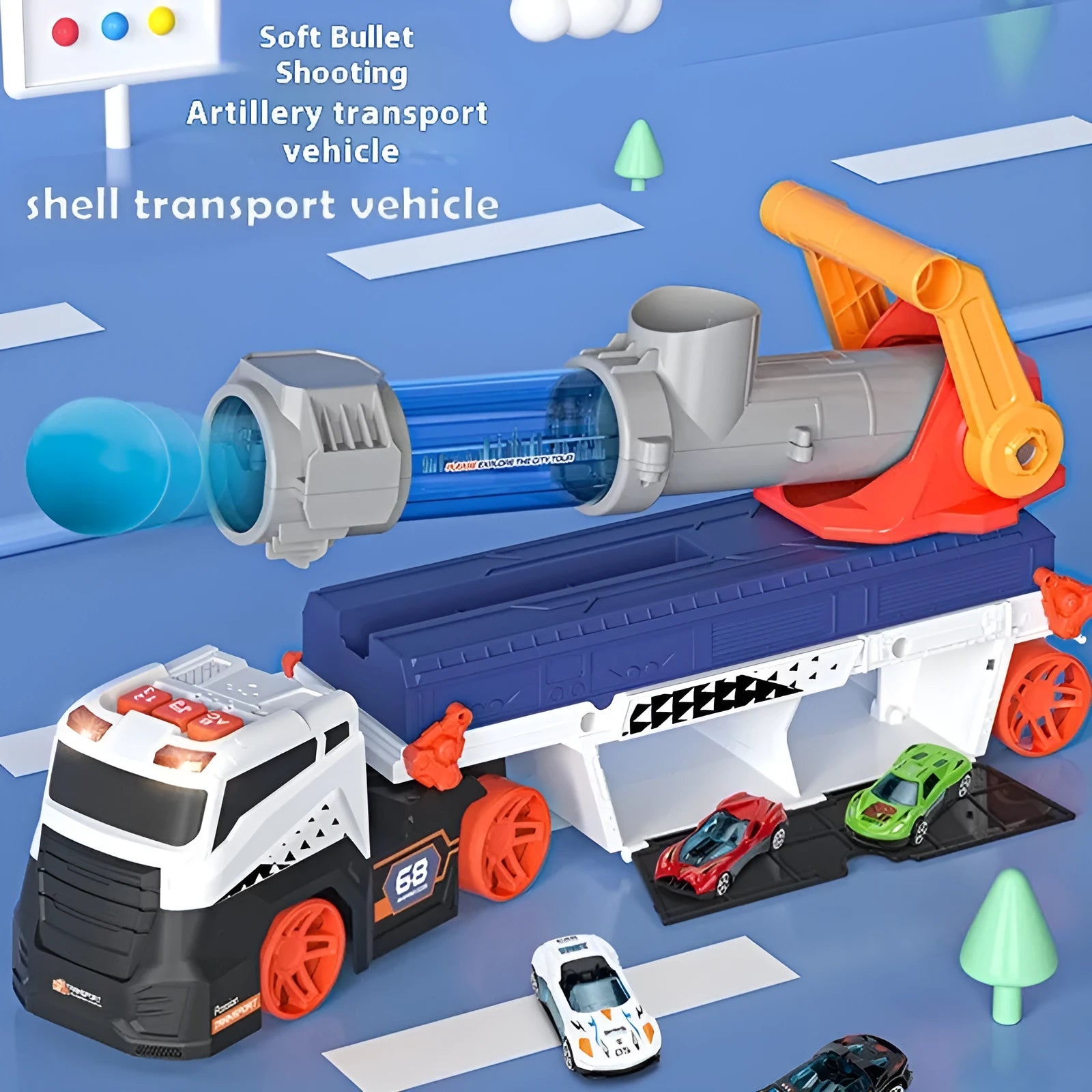Children's battery-powered catapult shell transport truck in plastic with music and sound effects