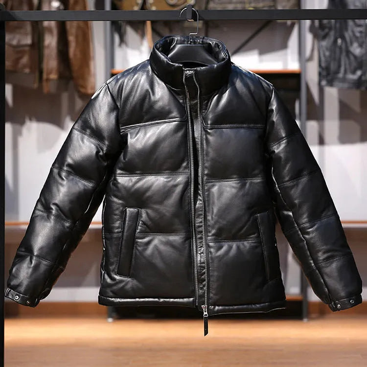 Men's black stand collar sheepskin down leather jacket with white duck down filling, pocket decoration, and cashmere fabric