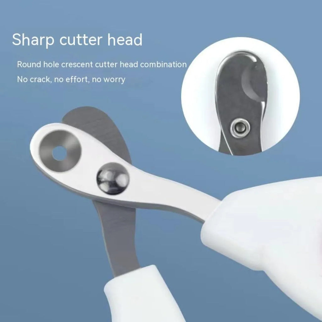 Blue pet nail clippers with circular safety-guide hole and cushioned non-slip handles.