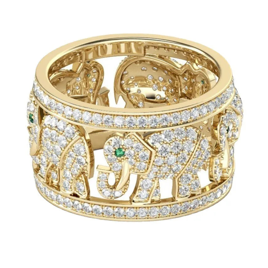 Alloy elephant ring with diamond detailing in electroplated finish, showing full elephant silhouette design