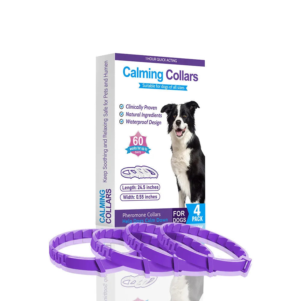 Four dog anxiety relief collars in different colours featuring a Chinese-style monochrome pattern.