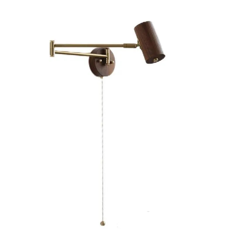 Retro wooden and iron rotating wall lamp with adjustable long-arm spotlight and ribbon zipper switch