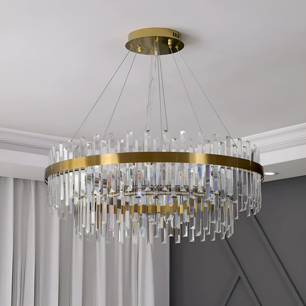 Stainless steel and crystal multi-head chandelier light with adjustable height for ceiling.