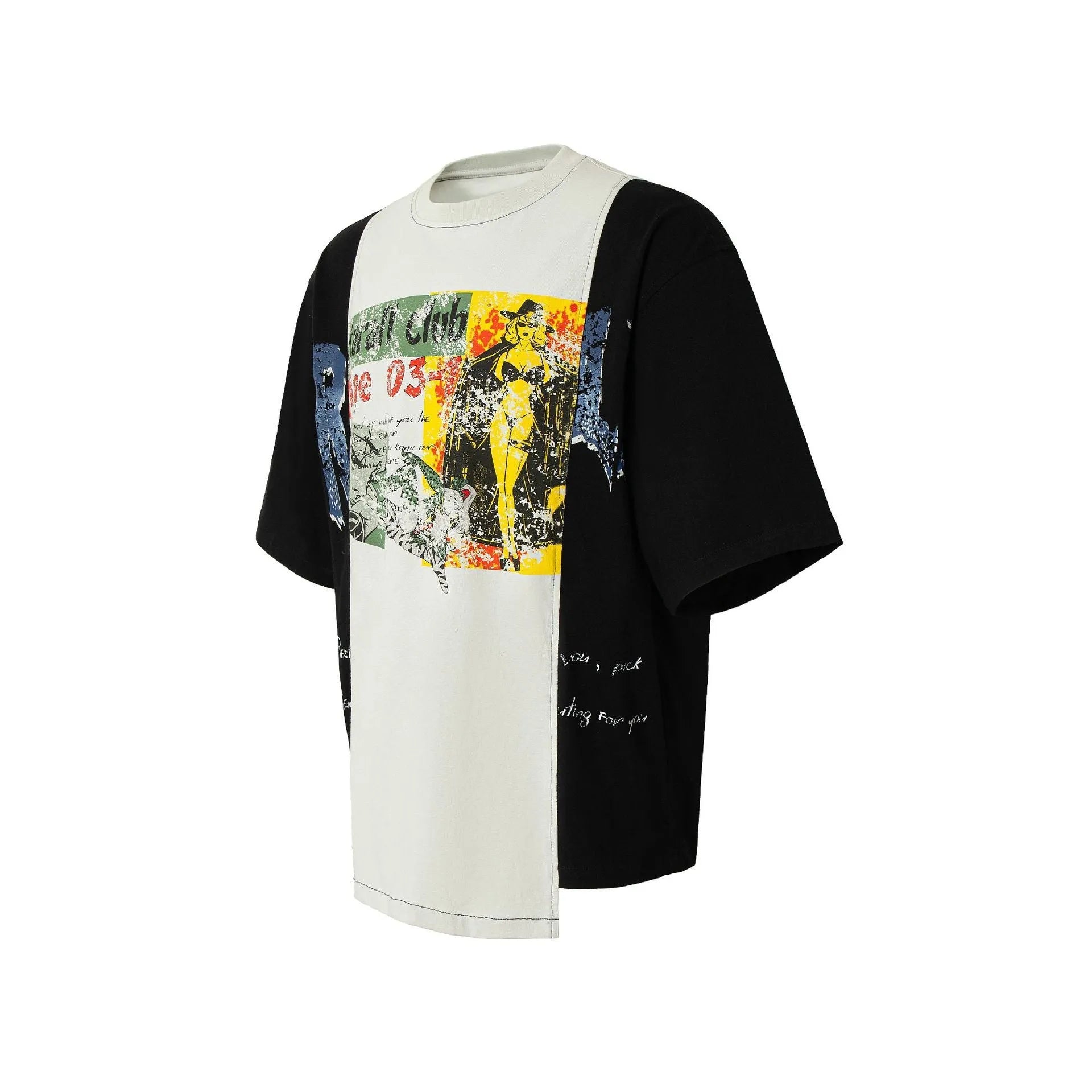 Black and white T-shirt with broken collar deconstruction printed design