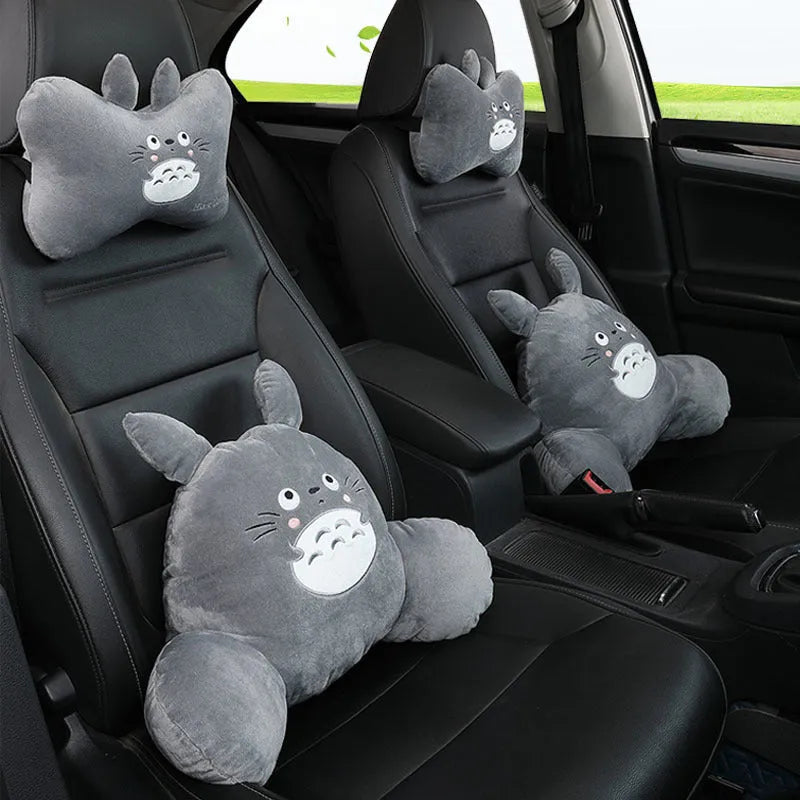 Cute cartoon car headrest and lumbar pillow set with natural wool filling in multiple styles