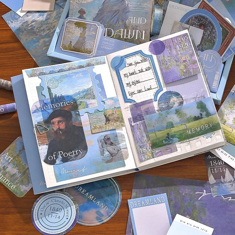 Creative journal gift box showing A6 plaid grid notebook with cards, envelopes, sticky notes, and paper craft accessories
