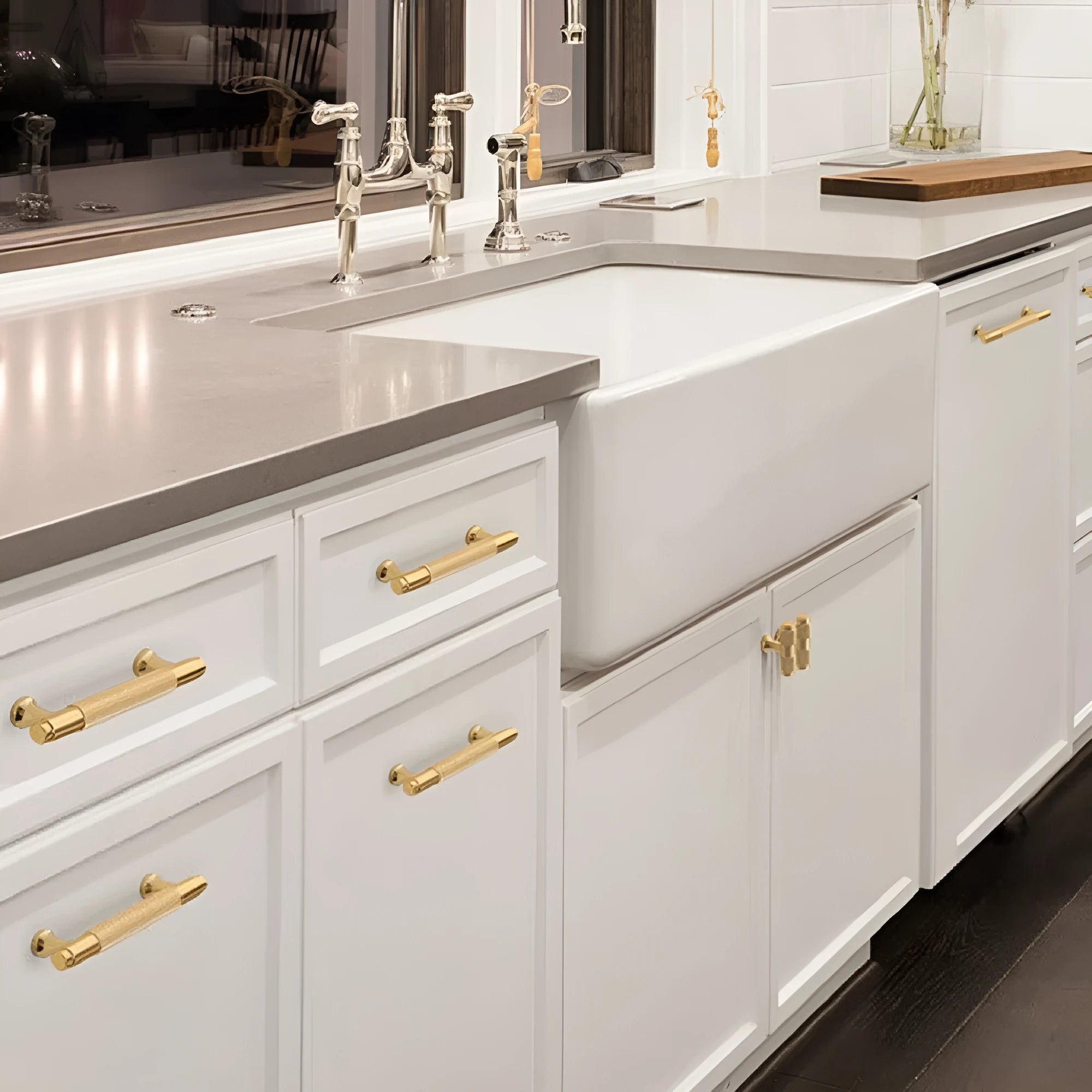 Aluminium furniture handle with brushed brass finish showing European style design