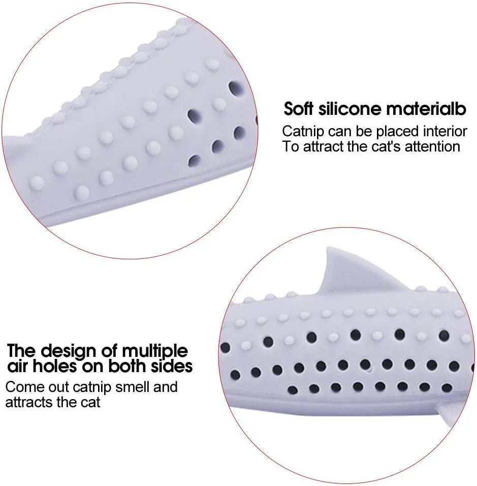 Green silicone fish-shaped chew toy for cats with side holes for catnip scent