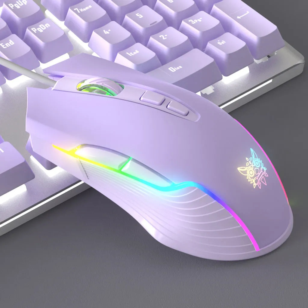 Purple and white wired mechanical keyboard and mouse set with backlight illumination