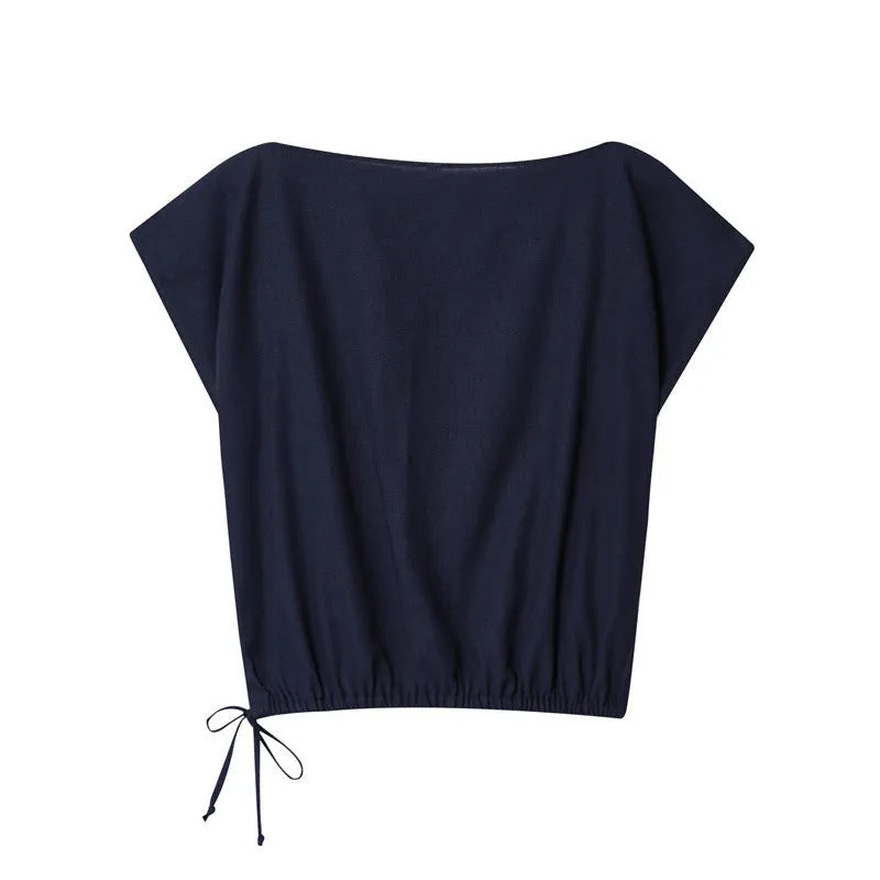 Women's linen-blend shirt with flounced sleeves and matching wide leg trousers in a two-piece commute wear set