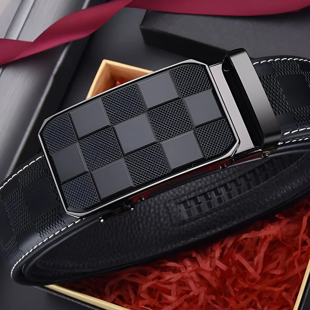 Men's genuine leather automatic buckle belt in carved plaid design on white background