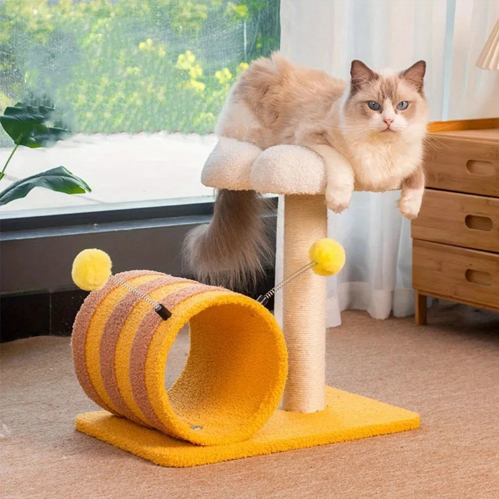 Yellow Bee-shaped cat climbing frame with sisal scratching post and fabric tunnel