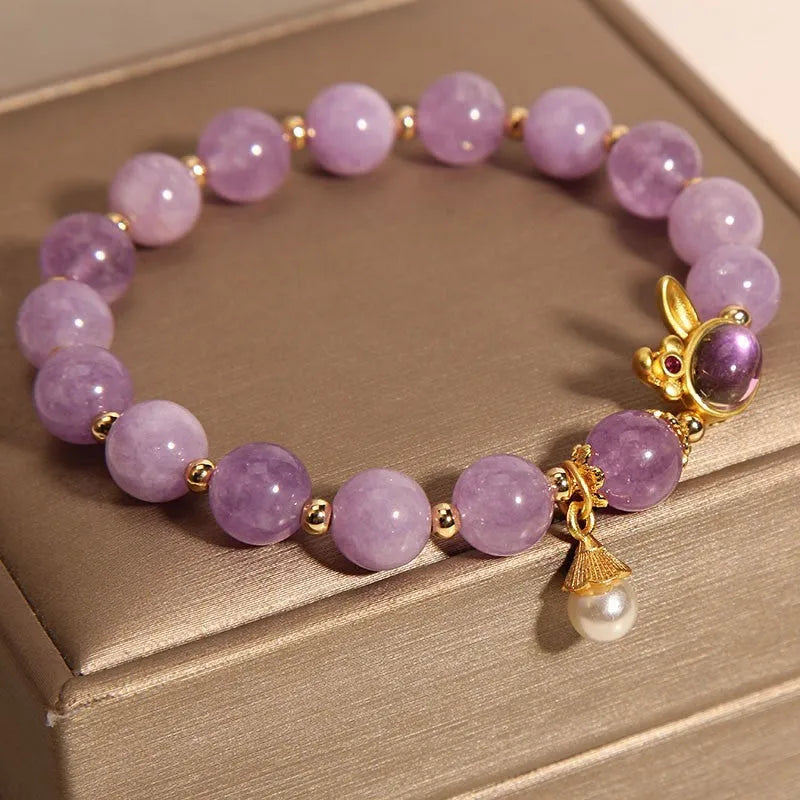 Natural mauve jade crystal rabbit bracelet with hare head charm on crystal beads, mori style, 18cm length