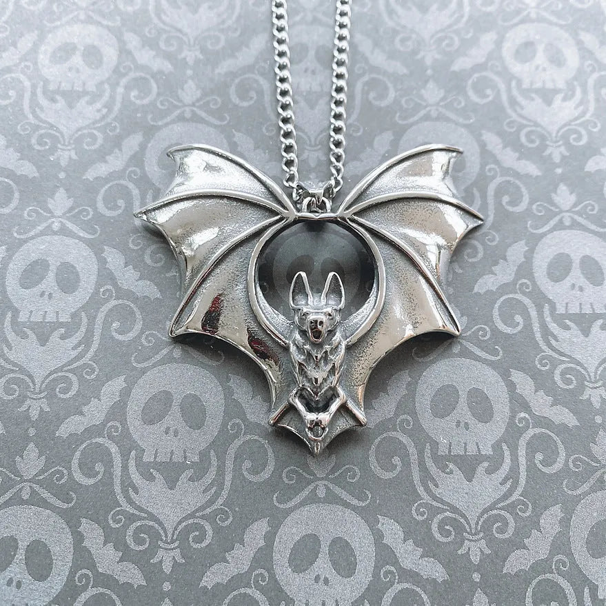 Vintage gothic big bat necklace alloy cross chain electroplated couple style AQ-5841 dark pendant