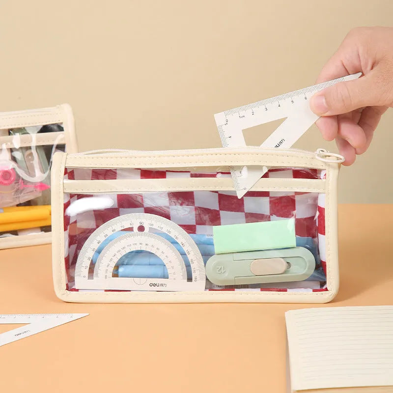 Transparent PVC pencil case with chessboard pattern measuring 21.5 cm long