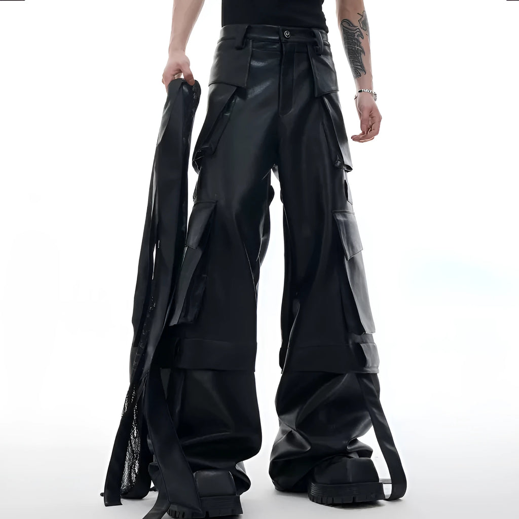 Black loose fit retro trousers with quilted stitching detail and multiple pockets