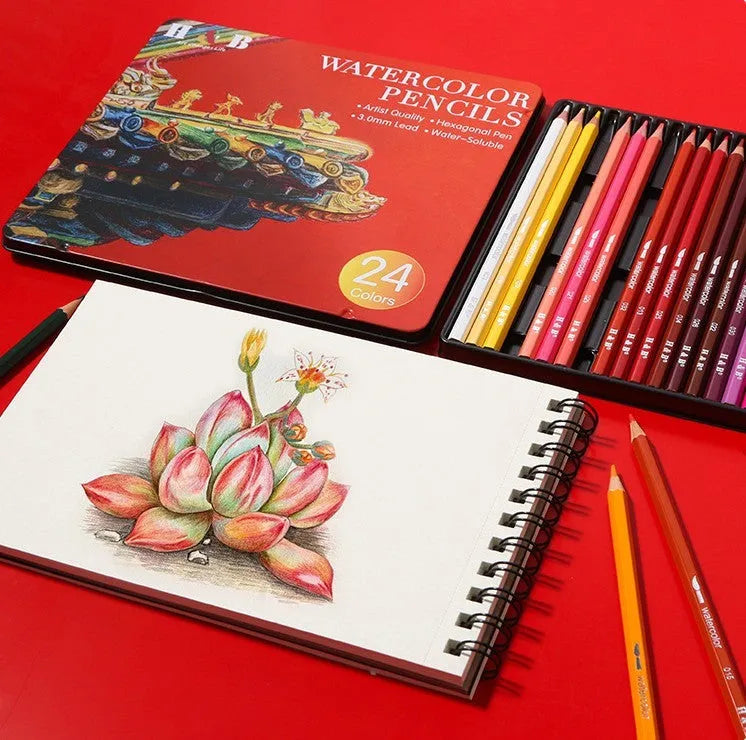 Water-soluble coloured pencils in 24 colours inside a brush iron metal box