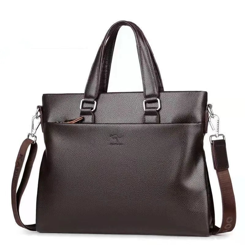 Men's black PU leather messenger bag with splicing design and crossbody strap
