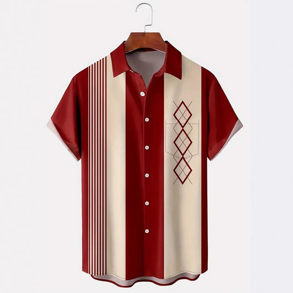 Man wearing loose fit plaid short sleeve shirt with lapel collar in contrasting colours