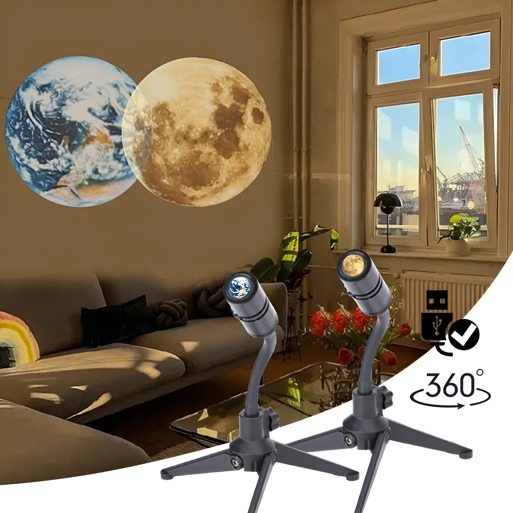 White ABS projection lamp with adjustable hose bracket projecting an image of the earth onto a wall.